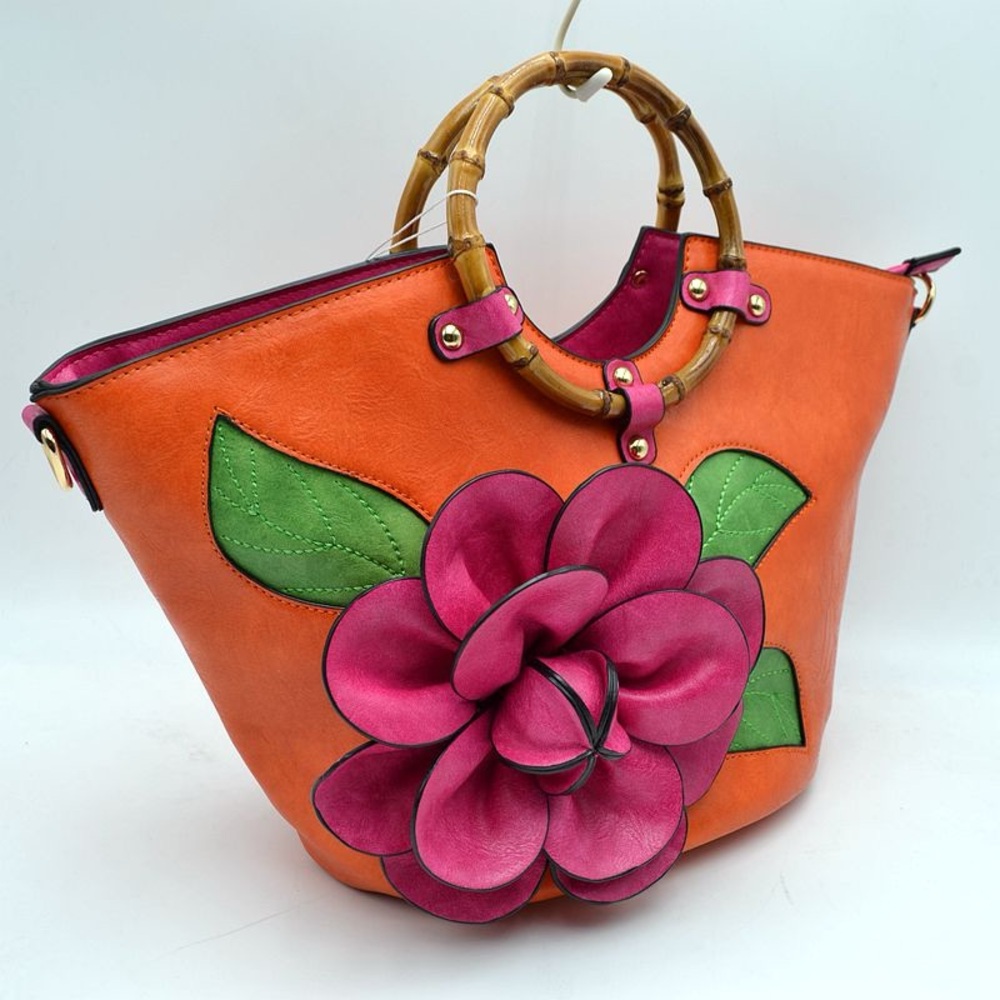 Handheld & Crossbody Tote with Pink Floral Accent
